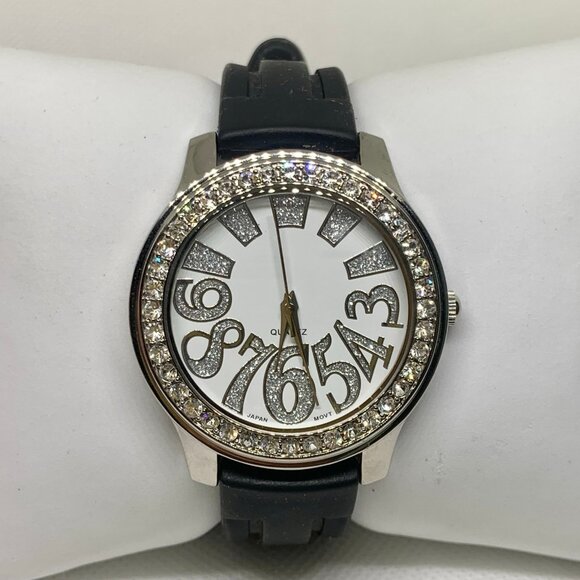 Women’s silver tone quartz analog watch rhinestones 40mm round case running - Picture 1 of 6